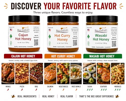 Bee Great Hot Honey Trio Variety Pack Gift Box – Cajun, Curry & Wasabi – Sweet Heat from the Hive – 3×8 oz Small-Batch Gourmet Gift Set - Image 4