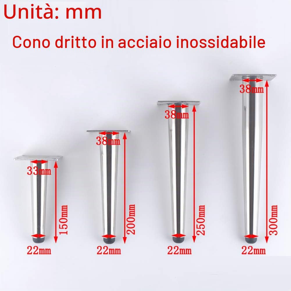 Piedini per mobili/Parti di mobili in Acciaio Inossidabile Cromato Gambe per Divano-Dritti/obliqui Conici per Armadio Sedia Divano Tavolo Letto Piedi 15-30 cm (Oro,Argento,Nero)