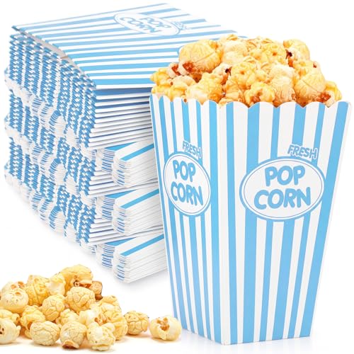Image of Xinnun 100 Pcs Popcorn Boxes 32 oz Classic Stripe Paper Popcorn Buckets Bulk Disposable Oil Proof Container Vintage Retro Open Top Holders for Movie Night Supply Theater Carnival Party(Blue)