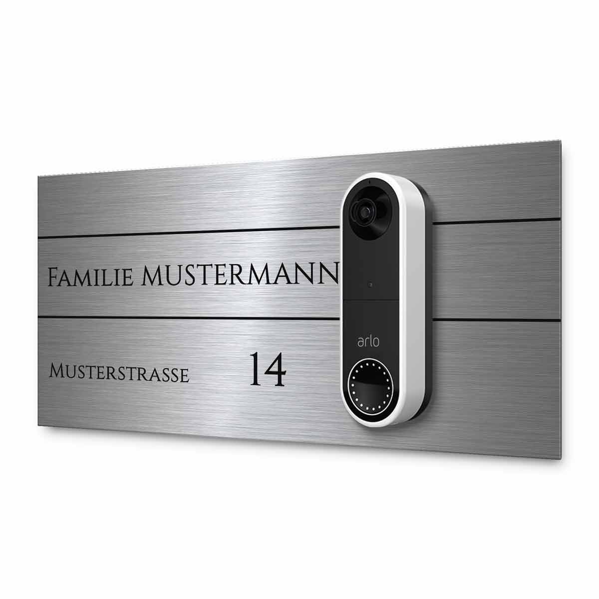 Hochwertiges Klingelschild für Arlo Video Türklingel Akku oder Kabel - personalisiertes Namensschild aus Edelstahl mit Gravur | kompatibel mit Arlo Klingel - hochwertiges Funkklingel Zubehör