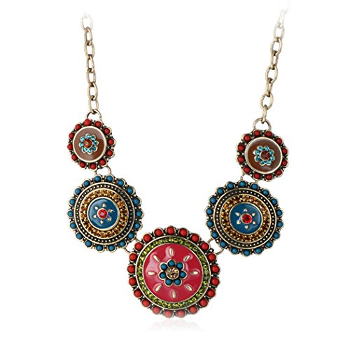 HONGYE Bohemian Multicolor Round Pendants Enamel Rhinestone Ethnic Necklace for Women