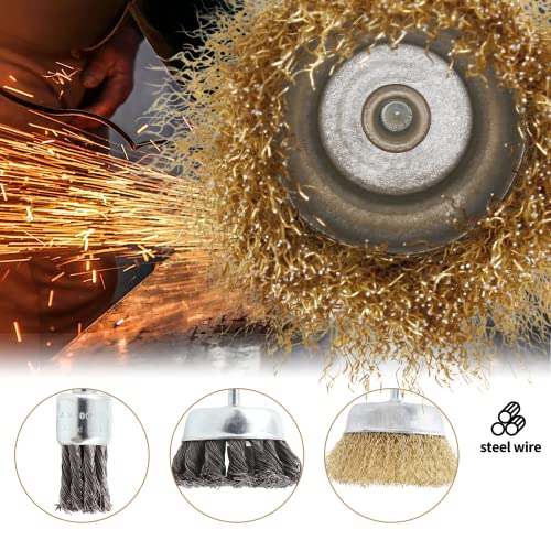 Image of 6PCS Cup Wire Wheel Brush Set, 3 Inch Carbon Steel Knotted Cup Brush and Brass Coated Crimped Wire Drill Brush Set, 1 /4 Inch Shank Brush Kit Rotary Buffing Brush Wheel, Rust Removal Tool Set