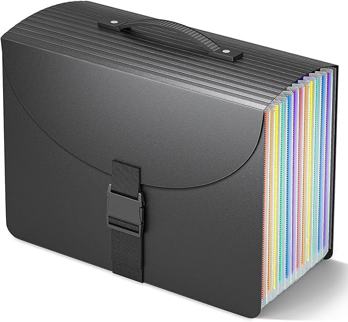 TOPCJ Expanding File Folders,Accordion File Organizer with Handle,13 Pockets Expandable Filing Folders,Tabs Included in Filing Box,Adjustable Strap,