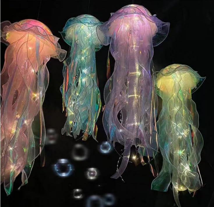 Yelschwa Jellyfish Light, Hanging Jellyfish Lamp, Creative Glowing Jelly Fish Night Light, Jelly Fish Lanterns, Jellyfish Garden Light for Ocean Theme Party Yard Landscape Garden Ornament (4PCS)