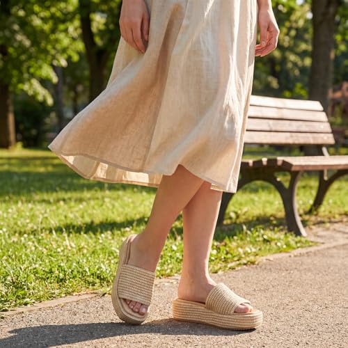 Image of Monrovia Platform Sandals Women Raffia Espadrille Slides, Woven Straw Flatform Beach Sandals Women, Slip On Summer Vacation Shoes, Comfortable Casual Daily Wear