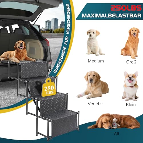OUUTMEE 4-stufige Hunde-Autotreppe, Klappbar Hunderampe mit Rutschfester Oberfläche, Hundetreppe für Kleine und Große Hunde bis 80 kg, für Autos und SUVs