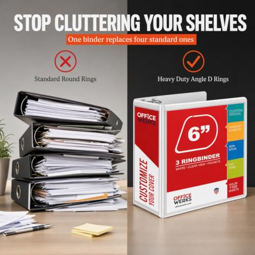 Image of 4 Pack 6 Inch 3 Ring Binder, Locking D-Ring, Holds 1100+ Sheets, White | Heavy Duty PVC-Free with Pockets, Fits 8.5 x 11 Inch, Clear View Customizable Cover, for Legal Files - Ring Binder Depot
