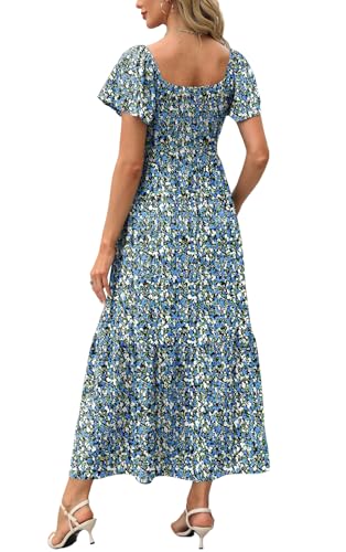 Image of OFEEFAN Summer Dresses for Women Square Neck Ruffle Sleeve Smocked Maxi Dress with Pockets