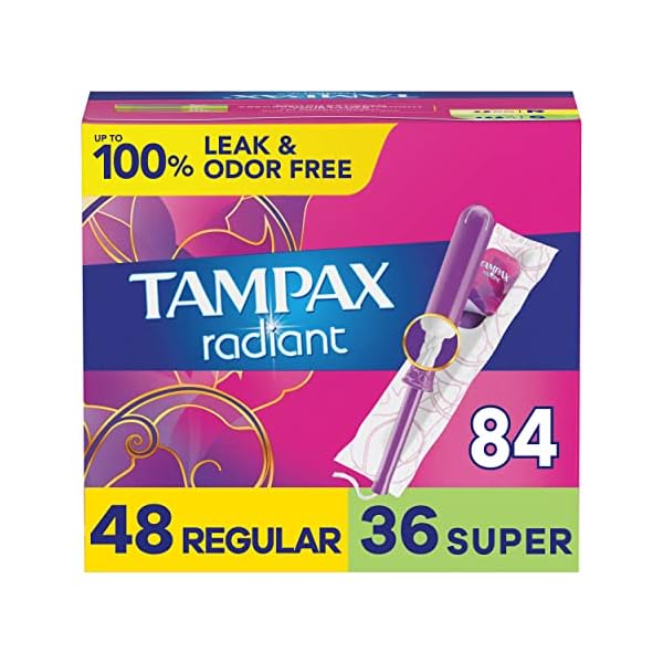 Tampax Radiant Kunststoff-Tampons, normale Saugfähigkeit, geruchlos, 28 Stück (4 Stück) (112 Stück) (Verpackung kann variieren)
