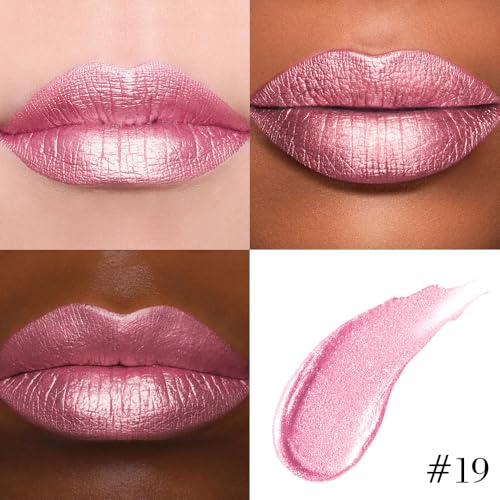 Image of evpct Warm Pink Metallic Glitter Lip Liner and Lipstick Combo Set Long Lasting Waterproof, Metallic Shimmer Lip Gloss Stain Makeup for Women, Warm Pink Frosted Iridescent Glossy Liquid Lipstick 19