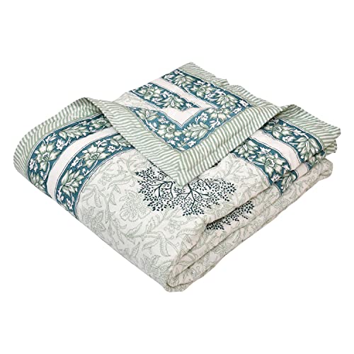 Image of BLOCKS OF INDIA Cotton Single Size Quilt Hand Block Print for Light Winters (60X90 Inches) (Green Tree), Lightweight, 300 TC