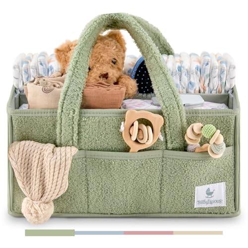 Babylicious Baby Diaper Caddy Organizer | Changing Table Organizer for Wipes and Diapers | Teddy Diaper Organizer for Changing Table | Newborn Essentials Must Haves for Parents - Sage Green
