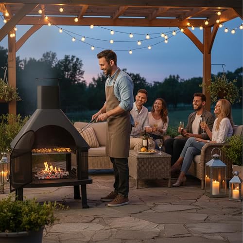 Relaxdays, schwarz Terrassenofen mit Grill, Feuerstelle mit Funkenschutz, Schürhaken, massiv, Stahl, 110 x 63 x 51 cm 10026555-2