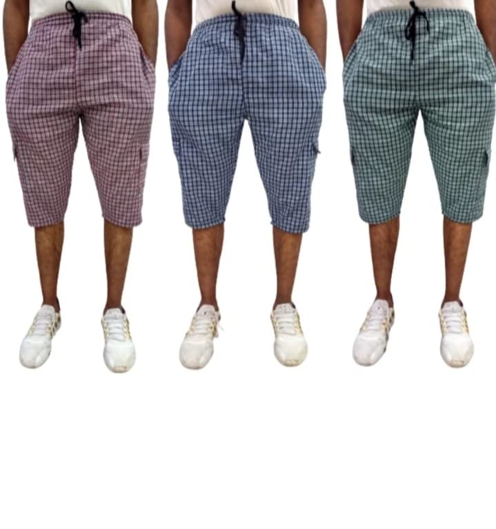 Men's Cotton Checkered Printed 3/4 Capri, Shorts, Red Green Blue- Pack-of -3-picture-33
