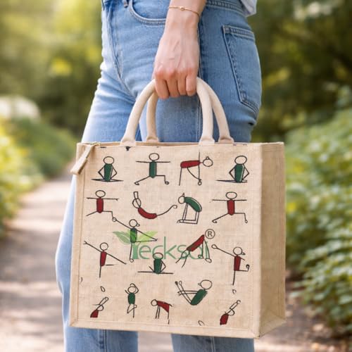 Image of Handbag | Natural Jute Fabric with Zipper Dual Straps | Tote-Bag | Unisex Printed Large Capacity Carry Bag | Pefect For Storage, Travel & Grocery Shopping | Lightweight - Printed (White) | Lightweight