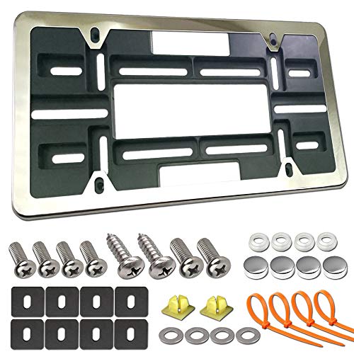 Front License Plate Mounting Kit- Stainless Steel License Plate Frame and Universal Bracket for No Drilling Hole Front Bumper, Car Tag Cover Adapter with Screws, Chrome Caps, Rattle Proof Pads Front License Plate Mounting Kit- Stainless Steel License Plate Frame and Universal Bracket for No Drilling Hole Front Bumper, Car Tag Cover Adapter with Screws, Chrome Caps, Rattle Proof Pads