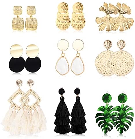 FINREZIO 9 Pairs Clip on Drop Earrings for Women Statement Rattan Resin Acrylic Drop Dangle Earrings Lightweight Geometric Rattan Tassel Hoop Drop Dangle Earrings Jewelry (Black Tassel Rattan earrings)