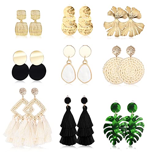 Finrezio 9 Pairs Clip on Drop Earrings for Women Statement Rattan Resin Acrylic Drop Dangle Earrings Lightweight Geometric Rattan Tassel Hoop Drop Dangle Earring Jewelry