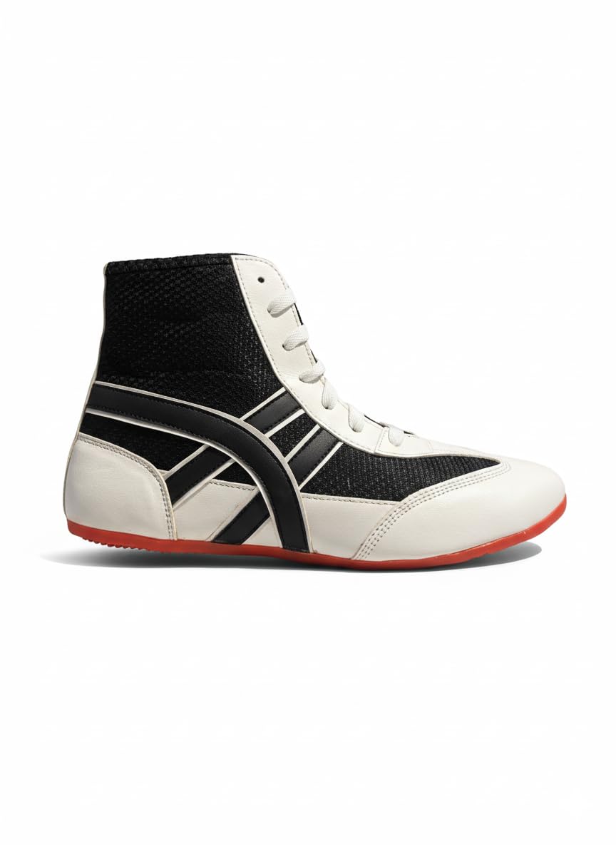 Kabaddi Boxing Wrestling Sports Shoes, White-Red, PU Material, Lightweight, Mid Top, Rubber Sole, for Men