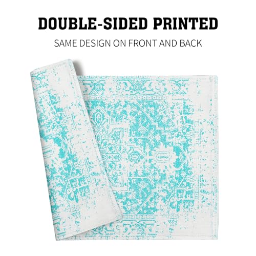 Image of Gray Aqua Turquoise Boho Placemats Set of 6 Ethnic Bohemian Carpet Place Mats Washable Kitchen Dining Vintage Grey Floral Linen Table Mats Stain Heat-Resistant for Home Party Indoor 12x18 in