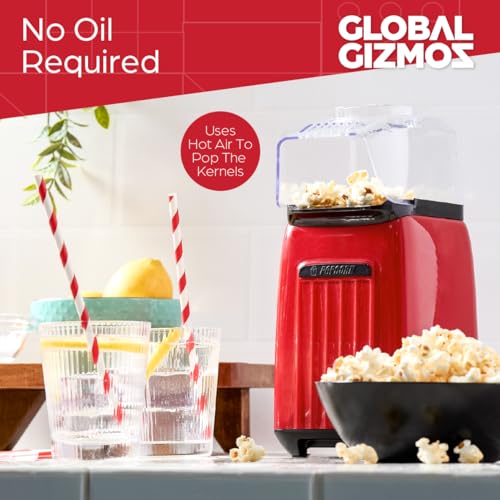 Global Gizmos Oil-Free Hot Air Popcorn Maker - Includes 4 Bags - Perfect for Movie Nights, Sleepovers & Parties - User-Friendly for Adults & Kids - 1200W - Red (50900) - Image 8