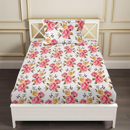 Image of 240 TC Soft Ezyption Floral Single Bed Sheet Cotton - Single bedsheet with 1 Pillow Cover Hypoallergenic, Brethable, (Size- 60 x 90 Inch | Pink White