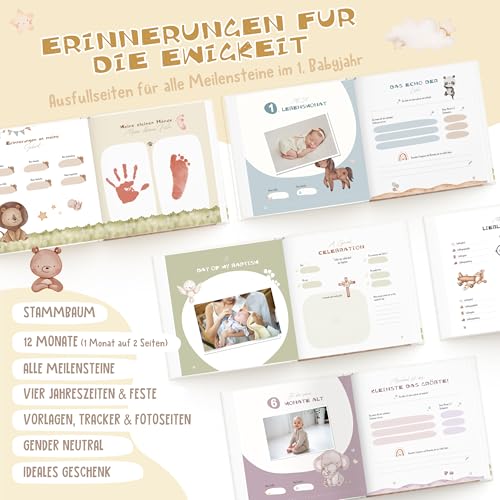 Hyggartn Mein Erstes Jahr Babyalbum mit 84 Seiten und 2 Stickern Personalisierte Geschenke Baby Geschenk Geburt Junge & Mädchen Fotoalbum Neugeborenen Erinnerung Babytagebuch 21x21 cm (Fuchs)