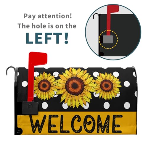 Image of Spring /Summer Sunflower Mailbox Cover - Magnetic Floral Black and White Dot Standard Size 18 X 21 Holiday Mailbox Wrap Post Letter Box Decorative for Home Outdoor Garden