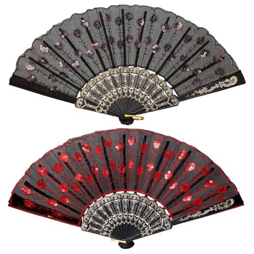 Vintage Abanico de Encaje 2PCS Ventilador de Encaje Bordado Abanico Negro Abanic Español Admirador Plegable de Cordón para Mujer para Carnaval,Fiestas de Disfraces y Eventos de Baile (Rojo Negro)