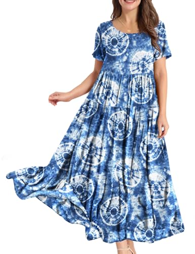 Image of YESNO Women Casual Loose Bohemian Floral Dress with Pockets Short Sleeve Long Maxi Summer Beach Swing Dress EJF
