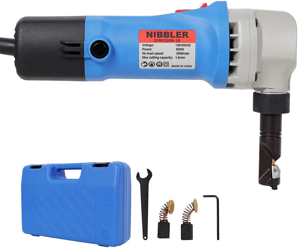 500W Electric Metal Nibbler, 16 Gauge (1.6mm) Sheet Metal Cutting Tool, 2000 RPM Electric Nibbler Cutter for Aluminum, Plastic & Steel, Compact Power Shear for Auto Repair, HVAC & Fabrication, Blue