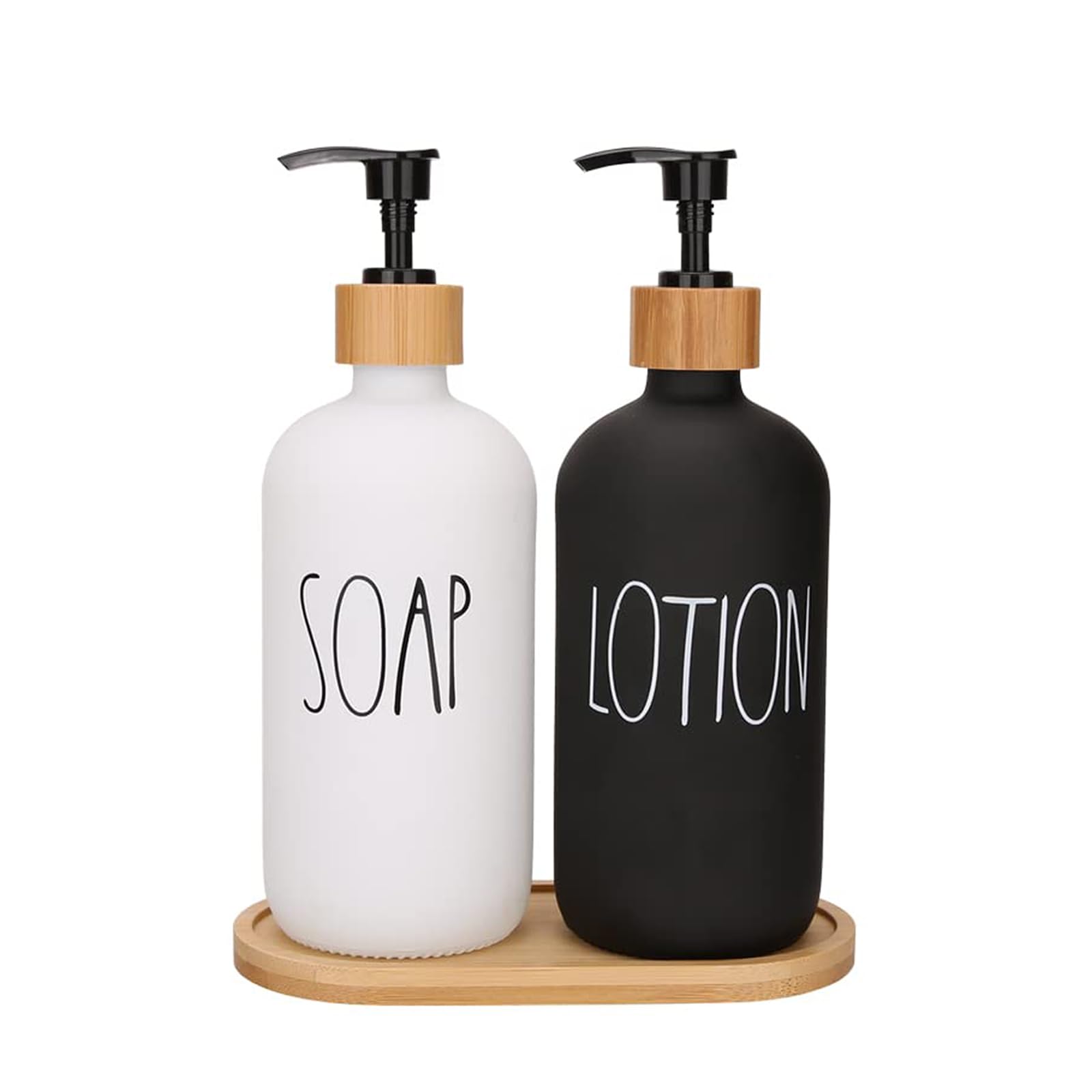 Hniuyun Bathroom Soap Dispenser Set, Glass Soap Dispenser with Bamboo Pump & Tray, 16 Oz Refillable Liquid Dispenser Set for Bathroom, Countertop, Kitchen, Laundry Room (Sl Black & White)