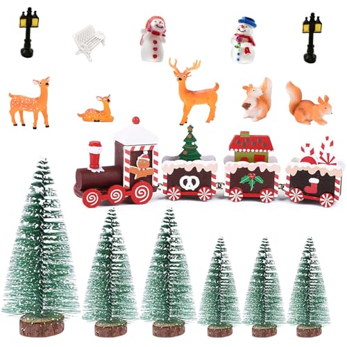 (17 Pezzi) Mini Trenino in Legno Natalizio Alberi di Natale Sisal in Miniatura Figurine Natalizie Miniature Renna Scoiattolo Decorazioni da Tavolo Natalizie Addobbi Ornamenti Natalizie