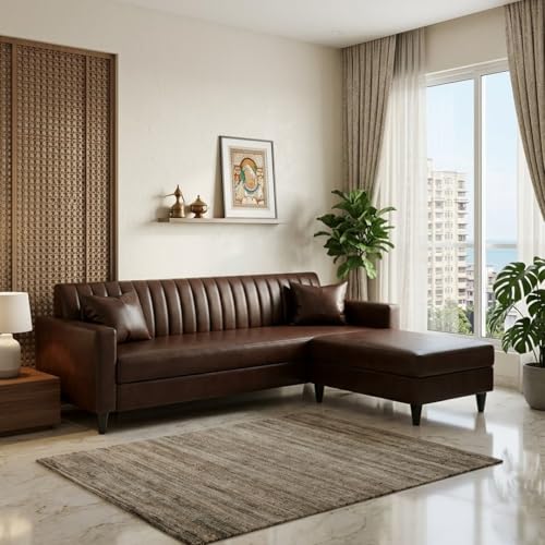 Image of FURNY Gracina 5 Seater L Shape Sofa Set with Movable Ottoman | Flexible Left or Right Layout | Plush Velvet Fabric (Brown) | Perfect for Living Room, Guest Room & Office