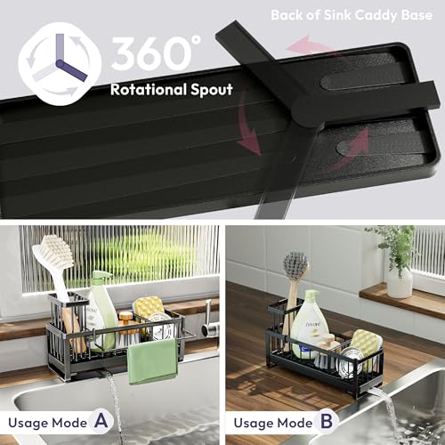 SWTYMIKI Kitchen Sink Caddy Organiser - Sink Tidy Organiser with Auto Draining Tray, Brush Holder, Stainless Steel Sponge Holder with Divider for Countertop Kitchen Storage & Organisation, Black - Image 2