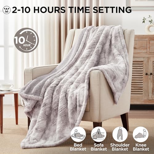 Image of Westinghouse Electric Throw Blanket, Faux Fur Heated Blanket with 6 Heating Levels & 2-10 Hours Auto Off, Soft Cozy Sherpa Heated Blanket Washable Blanket (50 inch x 60 inch Throw Size, Light Grey)