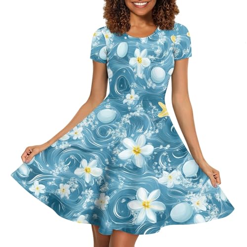 Image of Forchrinse Hawaiian Hibiscus Dresses for Women Plus Size Crew Neck Swing Dress Summer Short Sleeve Midi Dresses Elegant Beach Sunndress Size S-4XL