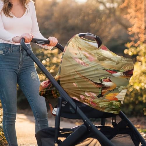 Image of Carseat Cover for Babies, All Season Breathable Infant Carseat Cover Lightweight Baby Carrier Cover for Girls Boys, Hummingbird Florals Print