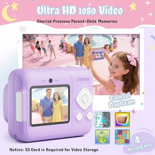 undefined ETIKEZ Kids Camera, 1080P Instant Digital Print Camera for Kids, Christmas Birthday Gifts for 4 5 6 7 8 9 10 Year Old Girls Boys, Portable Toy with 32GB SD Card & 3 Rolls Printing Paper, Purple の商品画像 3