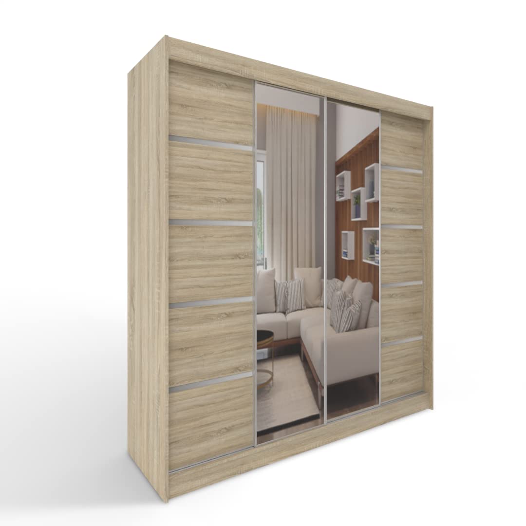 ML Furniture C5 Schiebetüren Kleiderschrank 150 x 200 x 58 cm mit Spiegel - Schlafzimmermöbel, Aufbewahrung - Mehrzweckschrank - Farbe: Weiß - 2 Schiebetüren