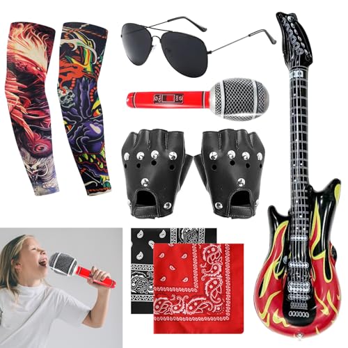 APPCXOKL Kit de Rockero de Punk Gotico，Disfraz Rockero: Completo Conjunto de Accesorios de Rock de los años 80 para Hombre - Ali G Disfraz, Guitarra Inflable y Mucho Más