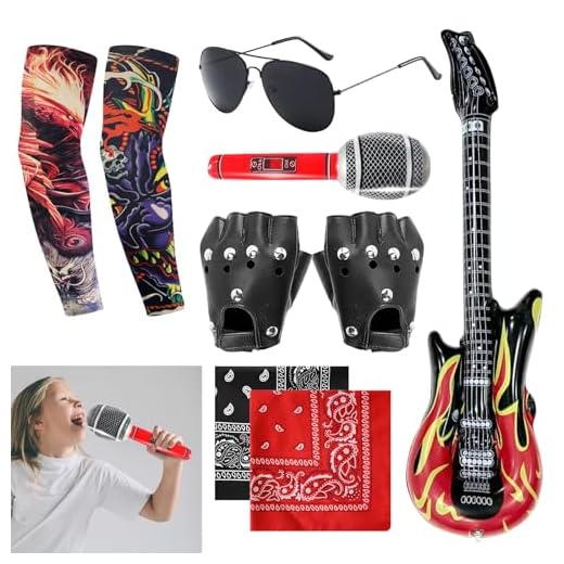 APPCXOKL Kit de Rockero de Punk Gotico，Disfraz Rockero: Completo Conjunto de Accesorios de Rock de los años 80 para Hombre - Ali G Disfraz, Guitarra Inflable y Mucho Más
