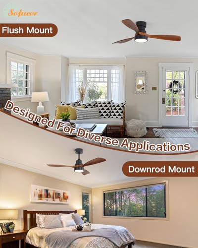 Image of Sofucor 48 Inch Smart Wood Ceiling Fans with Lights, Flush /Downrod Mount | Alexa /App /Remote Control, Quiet Reversible DC Motor, 3CCT Dimmable, Timer, Indoor /Covered Outdoor /Bedroom /Living Room, Brown