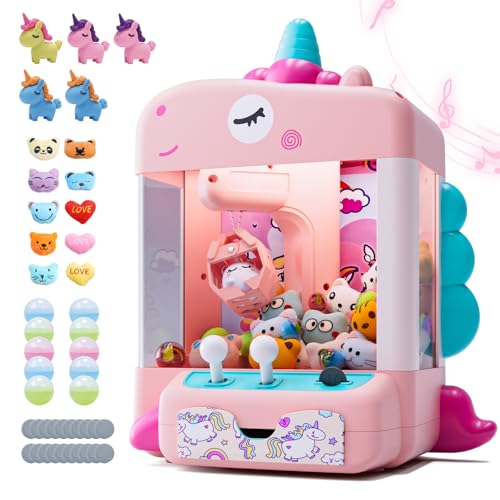Image of Skirfy Unicorns Claw Machine, Mini Vending Machine with Lights & Music, Adjustable Sound, Candy and Electronic Prize Dispenser, Includes 45 Toys, Candy and Birthday Gift for Kids Girls
