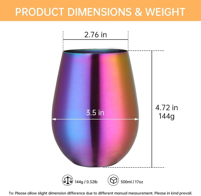 Buyer Star 304 Stainless Steel Wine Glasses Set of 4 - Large 17 oz Outdoor Stemless Wine Tumblers - 100% Unbreakable & Stemless Metal Drinking Cups for Home and Outdoors Dishwasher safe (Rainbow) - Image 2