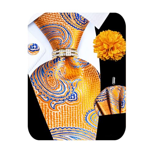 Image of 5PCS Mens Silk Designer Tie, Pocket Square, Cufflinks, Drilled Tie Ring and Lapel Pin Set for Wedding Groom Party