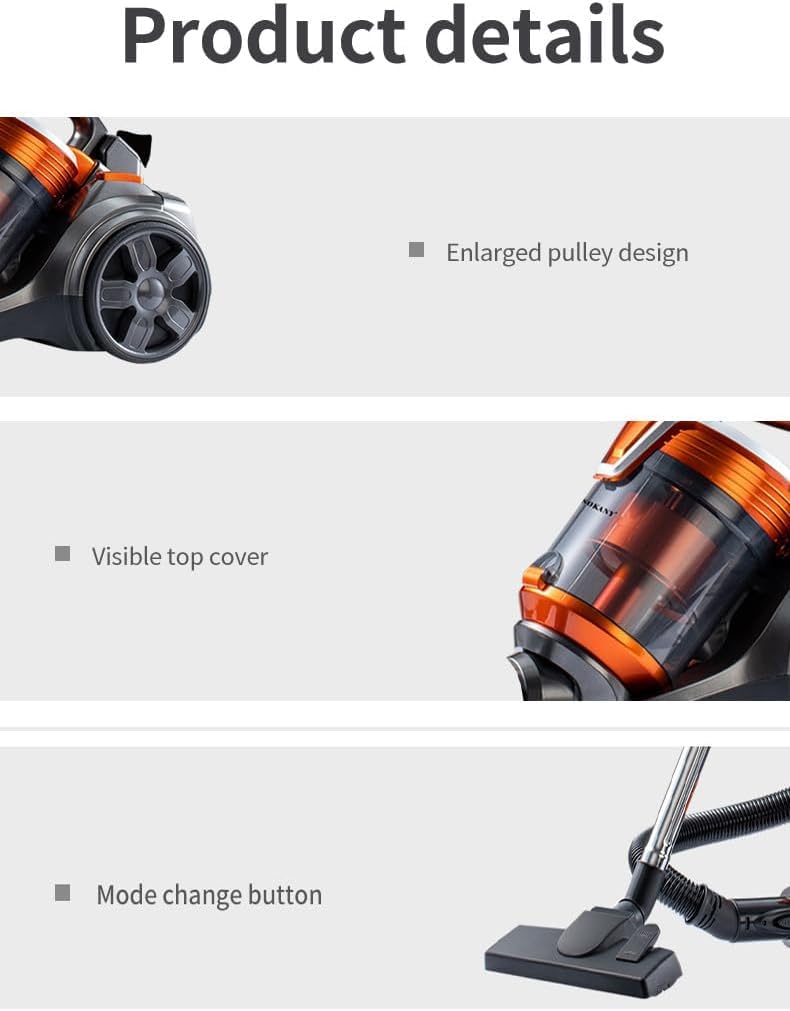 Aspiradora sin bolsa, limpiador ciclónico de 3600 W para alfombras y suelos duros, ligero y de bajo ruido, filtro HEPA, manguera extensible con accesorios