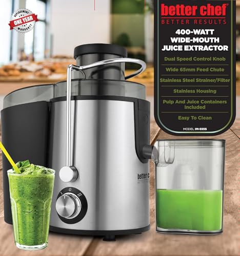 Image of Better Chef 400W Centrifugal Juicer Machine | 2.5 Inch Wide Feed Chute | Dual Speed Control for Fruit & Vegetables | Stainless Steel Filter & Housing | Includes Pulp Container & Juice Pitcher