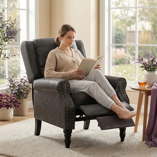 Image of Leather Recliner Chair, Pushback Recliner Chair with Adjustable Backrest Footrest, Mid Modern Reclining Chair with Overstuffed Arms Lumbar Support for Reading, Living Room, Black