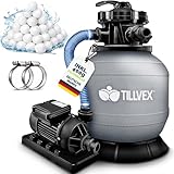 tillvex® Sandfilteranlage Pool 7.900L/h inkl. 400g Filterbälle | Filteranlage 7-Wege Ventil & 2in1 Adapter Ø32mm - 38mm | Poolfilter mit Druckanzeige | Sandfilter für Schwimmbecken (Grau)